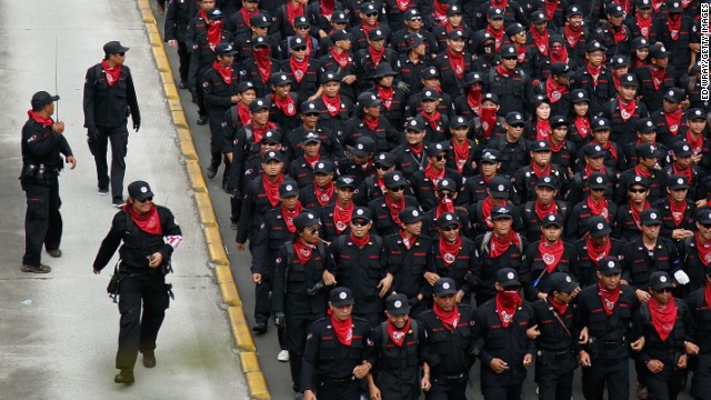 Tens of thousands of workers and labor activists march through the central business district in Jakarta, Indonesia.