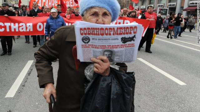 An elderly activist attends a traditional May Day Communist rally in Moscow.