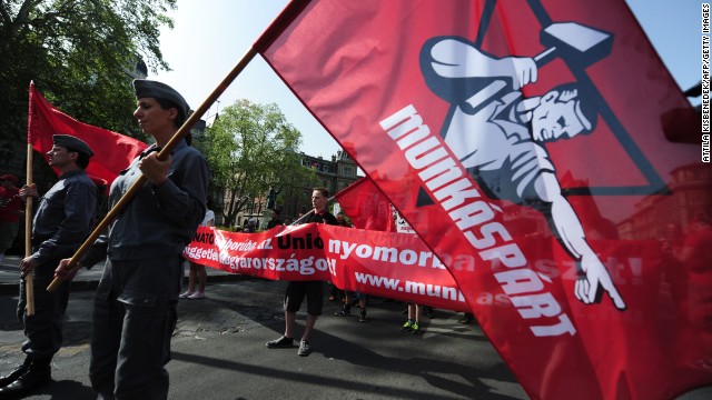 Members and sympathizers of the Hungarian communist party, the "Munkaspart," march in Budapest.