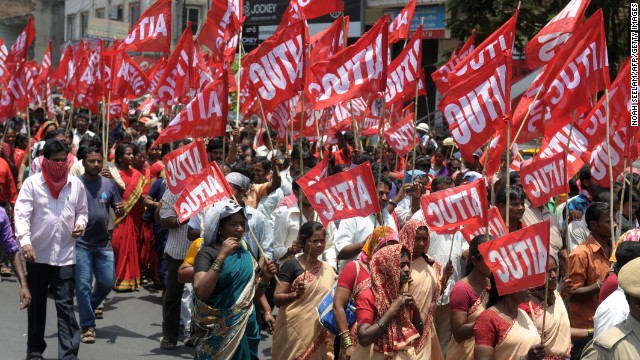 Indian members of the All India Trade Union Congress take part in a rally in Hyderabad.