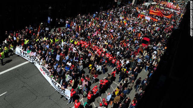 Demonstrators march against the Spanish government's austerity policies in Barcelona.