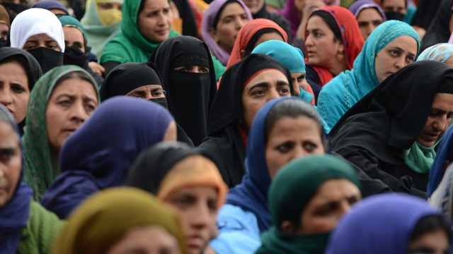 Government employees protest for better pay and job security in Srinagar, India.