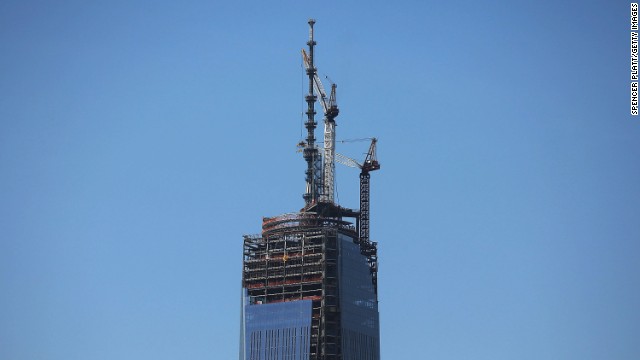 The spire is perched on a temporary platform on the top of One World Trade Center on Thursday, May 2. The memorial building sits on ground zero, the site of the World Trade Center twin towers, which were destroyed in the September 11 terrorist attacks.