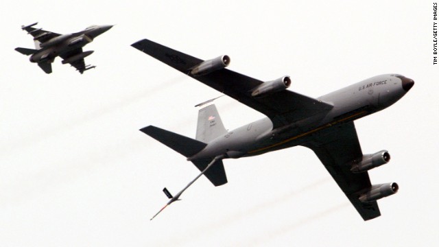 A KC-135 tanker flies over Chicago in 2004.