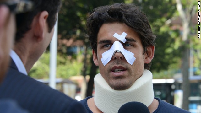 Thomas Drouet wears a neck brace and protection for his broken nose following Saturday's incident in Madrid. 