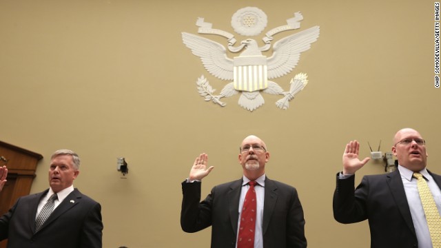 From left, Acting Deputy Assistant Secretary of State for Counterterrorism Mark Thompson; Hicks; and Eric Nordstrom, a diplomatic security officer and former regional security officer in Libya, are sworn in before the hearing. The three are testifying at the hearing investigating into whether the State Department misled the public about the assault.