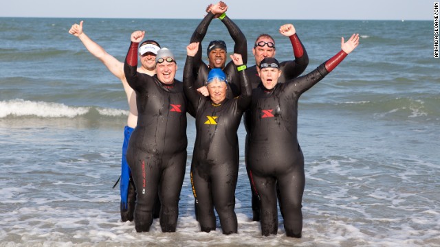 The CNN Fit Nation "6-Pack" conquered the ocean in Clermont, Florida, on their midway training trip in May. Team members <a href='https://twitter.com/TriHardTabitha' target='_blank'>Tabitha McMahon</a>, front row from left, <a href='https://twitter.com/TriHardRae' target='_blank'>Rae Timme</a> and <a href='https://twitter.com/TriHardAnnette' target='_blank'>Annette Miller</a> and <a href='https://twitter.com/triharddouglas' target='_blank'>Douglas Mogle</a>, back row, from left, <a href='https://twitter.com/TriHardClevelan' target='_blank'>Will Cleveland</a> and <a href='https://twitter.com/TriHardStacy' target='_blank'>Stacy Mantooth</a> are training to race the 2013 Nautica Malibu Triathlon on September 8 alongside CNN's Dr. Sanjay Gupta. 