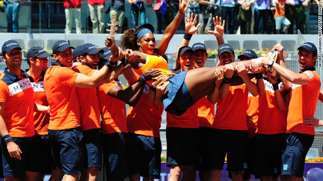 Top-ranked Serena Williams celebrates after defending her title in Madrid, beating world No. 2 Maria Sharapova in the final. 