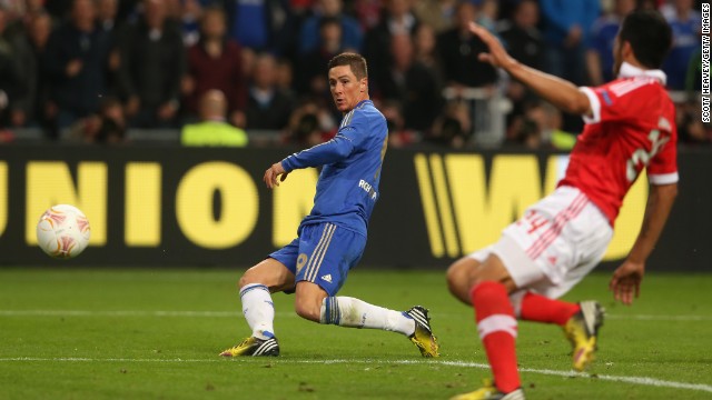 Despite being under pressure for much of the 2013 Europa League final, Fernando Torres raced clear to fire home in style and Chelsea the lead.