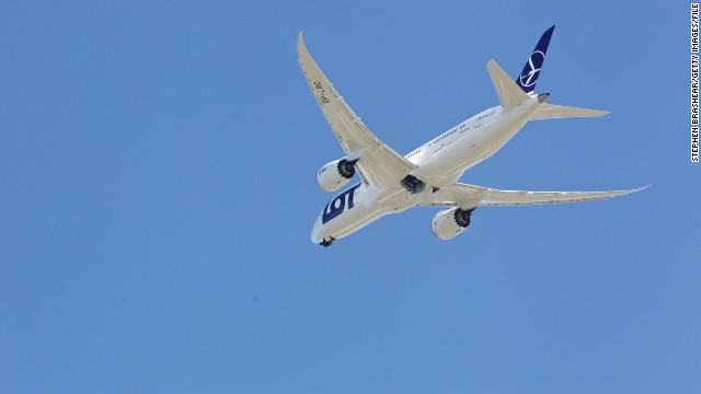 A LOT Polish Airlines 787, with a redesigned lithium-ion battery system, performs a test flight in March at Paine Field in Everett, Washington. The Dreamliner's distinctive wings sweep back at 32 degrees.