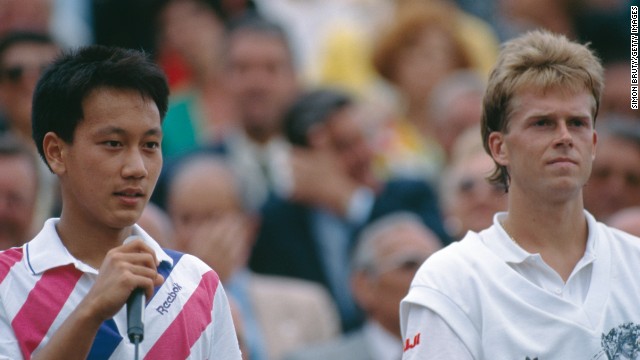 Stefan Edberg looks on glumly as Michael Chang gives his victory speech after the 1989 French Open final. Edberg, who lost in five sets to the 17-year-old, never progressed as far in Paris during the rest of his glittering career. 