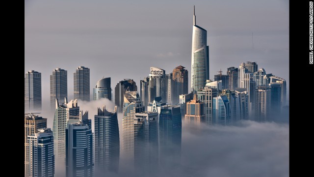 The skyline just along the coastline of the Persian Gulf is seen from the 85th floor of the Princess Tower.