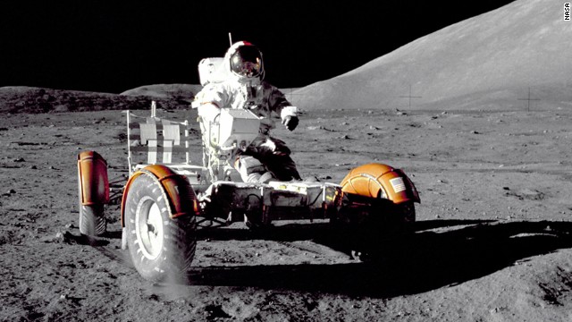 Apollo 17 mission commander Eugene A. Cernan makes a short checkout of the Lunar Roving Vehicle during the early part of the first Apollo 17 extravehicular activity at the Taurus-Littrow landing site. 