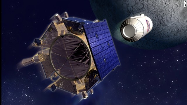 The Lunar Crater Observation and Sensing Satellite, or LCROSS, found the presence of water molecules when it was purposefully crashed into the moon to collect data from beneath the surface on October 9, 2009. The satellite is shown in this artist's rendering. 