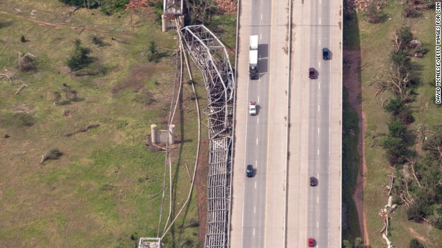 A section of a bridge outside of Oklahoma City was blown off its foundation.