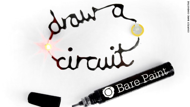 The Bare Conductive paint pen contains a non-toxic electrically conductive paint. The pens work the same way as glitter glue pens, and are designed to help people explore elecronics, and learn about circuit making.