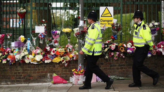 Flowers have been laid close to the scene where Rigby was killed on May 24, in London.