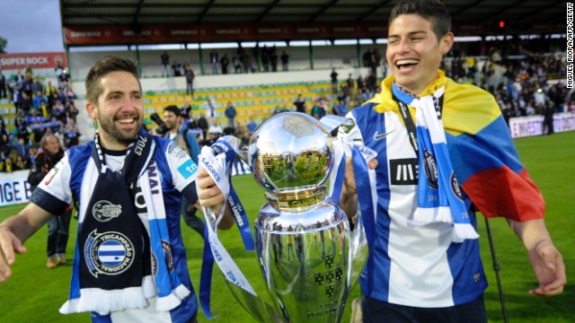 Joao Moutinho (left) and James Rodriguez hold the Portuguese league title after Porto's 2013 triumph.