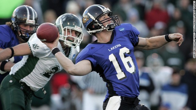 Finnerty, then a quarterback for Grand Valley State, passes against Northwest Missouri State in the NCAA Division II championship game in Florence, Alabama, in December 2005. Finnerty compiled a 36-4 record at Grand Valley State, winning national championships in three seasons. 