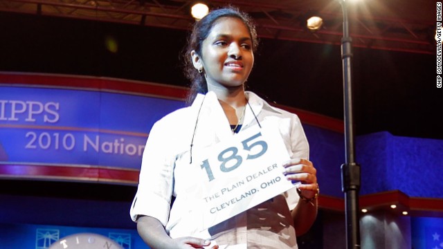 Anamika Veeramani won in 2010 with the word "stromuhr," which is an instrument that measures the amount and speed of blood flow through an artery. 