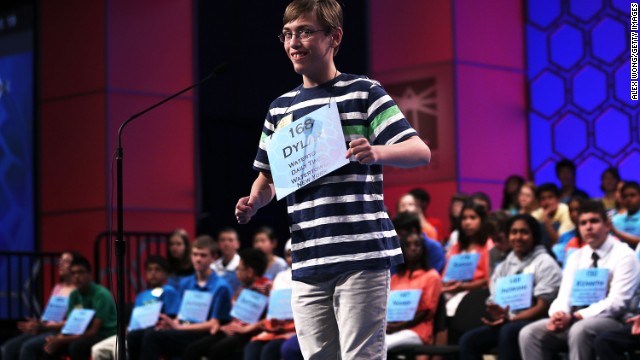  Dylan O'Connor of Alexandria Bay, New York, smiles after spelling "acervation," which means a heaping up, in round three on Wednesday, May 29.