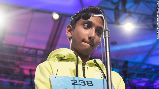 Chetan G. Reddy, representing Texas, reacts after misspelling "kaburi," a land crab common to mangrove swamps, during the championship round on May 30.