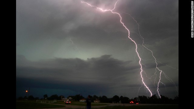 Lightning from a tornadic thunderstorm strikes in Cushing, Oklahoma, on May 31.