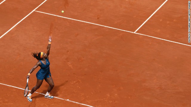 Serena Williams of the United States serves to Italy's Roberta Vinci during a 4th-round match of the French Open on Sunday, June 2, in Paris. Williams beat Vinci 6-1, 6-3.