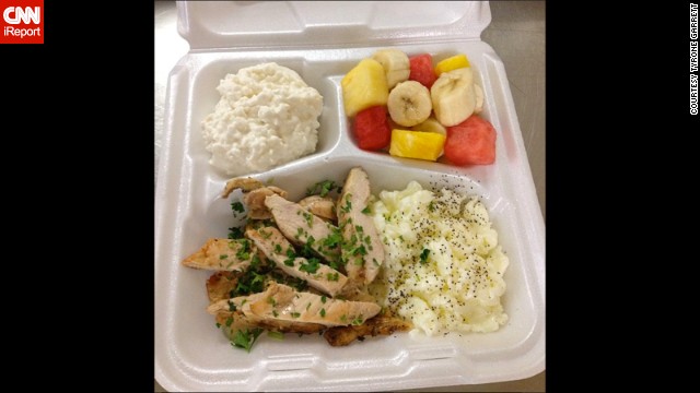 A typical breakfast includes grilled chicken, egg whites, fresh fruit and cottage cheese. 