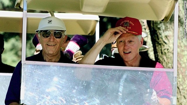 President Bill Clinton and Lautenberg play golf on vacation in Martha's Vineyard on August 26, 1997.