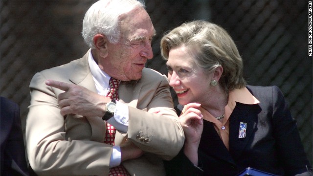 Lautenberg speaks with first lady Hillary Clinton on July 17, 2000, during a "Save America's Treasure" event on Ellis Island in New York.