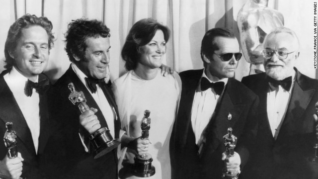 From left, producer Michael Douglas, director Milos Forman, actress Louise Fletcher, actor Jack Nicholson and producer Saul Zaentz, hold Oscars at the 43th Academy Awards for the 1975 film, "One Flew Over the Cuckoo's Nest." Douglas has been nominated for and won two Academy Awards.