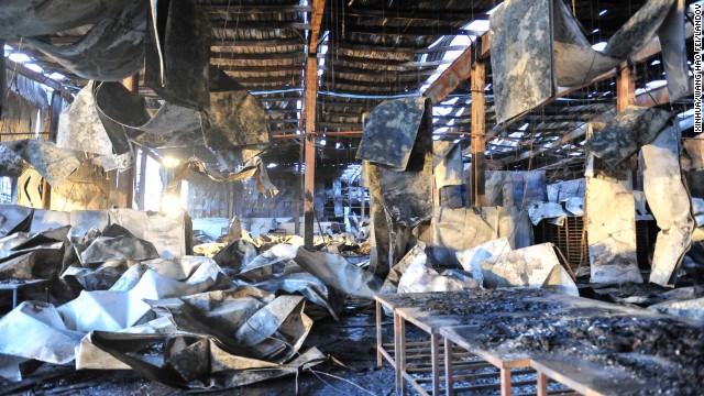 The interior of the poultry slaughterhouse is left in ruins.