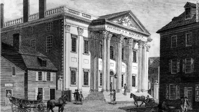 McCulloch v. Maryland (1819): In response to the federal government's controversial decision to institute a national bank in the state, Maryland tried to tax the bank out of business. When a federal bank cashier, James W. McCulloch, refused to pay the taxes, the state of Maryland filed charges against him. In McCulloch v. Maryland, the Supreme Court ruled that chartering a bank was an implied power of the Constitution. The first national bank, pictured, was created by Congress in 1791 in Philadelphia. 