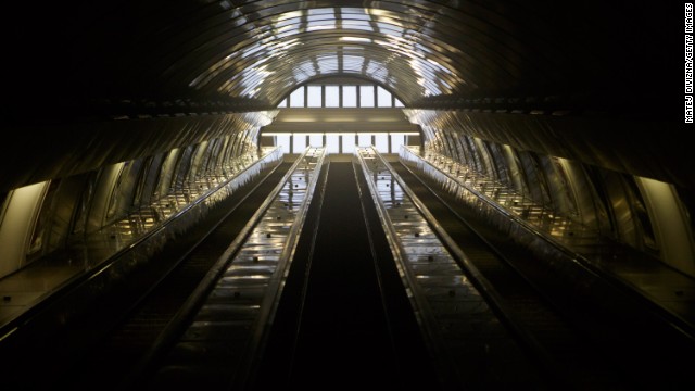 Subway escalators stand empty in a train station in Prague on Sunday, June 2.