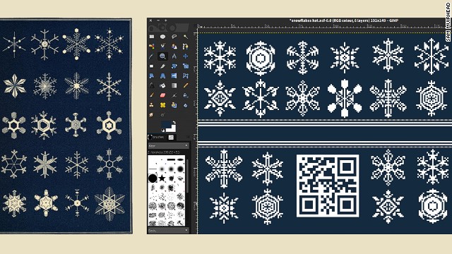 The open-source pattern for a scarf draws on public domain snowflake images.