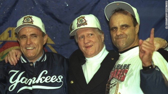 Former New York Yankees owner and subject to Seinfeld jokes, George Steinbrenner, center, was suspended for life in 1990 for hiring a man to investigate Yankees outfielder Dave Winfield's background for any dirt. The suspension was later reduced to two years.