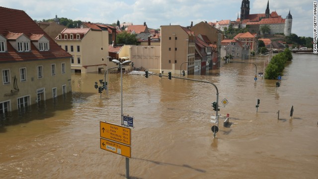 The Elbe floods the historic city center of Meissen, Germany, on June 6. 