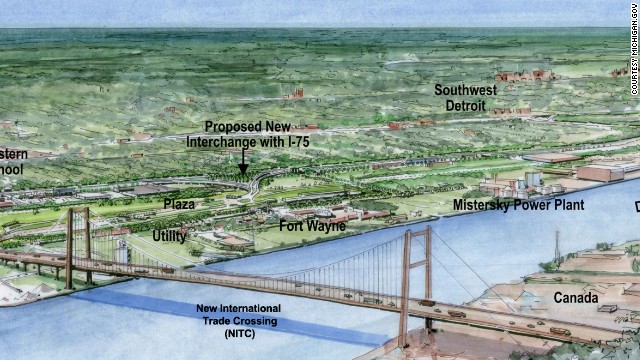 An artists rendering of the New International Trade Crossing between Windsor, Ontario, and Detroit, Michigan. The $950 million project aims to increase opportunities for businesses and entrepreneurs in both Canada and the U.S.