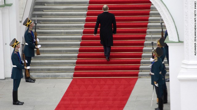 Putin attends an inauguration ceremony for president-elect Dmitry Medvedev at Moscow's Kremlin on May 7, 2008. Putin was constitutionally obliged to stand down as president but stayed close to power, becoming prime minister.