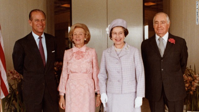 From left: Prince Phillip, Leonore Annenberg, Queen Elizabeth and Walter Annenberg at the entrance of the historic home in 1983.