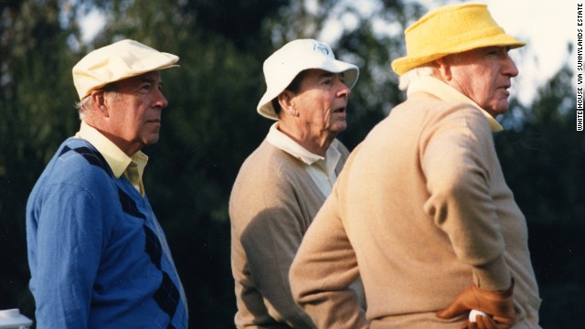 From left: Secretary of State George Shultz, President Ronald Reagan and Walter Annenberg on the golf course at the estate in this undated photo.