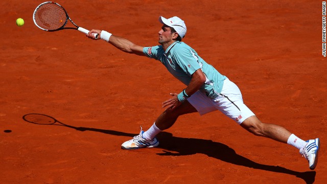 Djokovic plays a forehand against Nadal on June 7. 