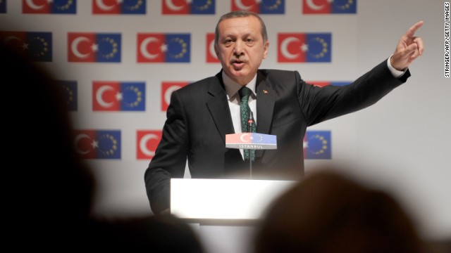 Prime Minister Recep Tayyip Erdogan speaks during the opening session of the Ministry for European Union Affairs Conference on June 7 in Istanbul. Erdogan said today his Islamic-rooted government was open to "democratic demands" and hit back at EU criticism of his government's handling of a week of unrest.