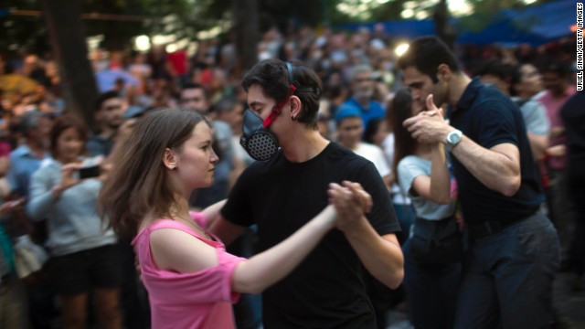 Protestors dance at Gezi Park in Taksim Square on Thursday, June 6.