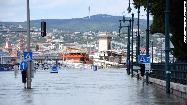 The embankment at the Pest side of Budapest is flooded on June 10. Emergency services and volunteers worked through the night in Hungary as floodwaters threatened towns and villages.