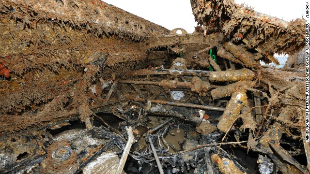 The cockpit of the aircraft is seen after it was raised by the salvage crew.