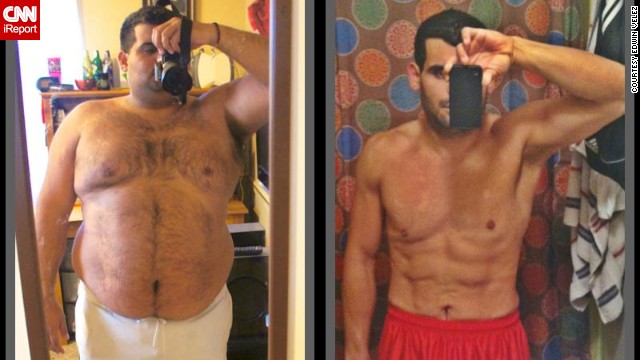 After seeing photos from a beach vacation, Edwin Velez decided he needed a change. At 310 pounds, he embarked on a new diet and exercise regimen in November 2011. Today, he weighs 155 pounds, and is working on shaping and toning his body.