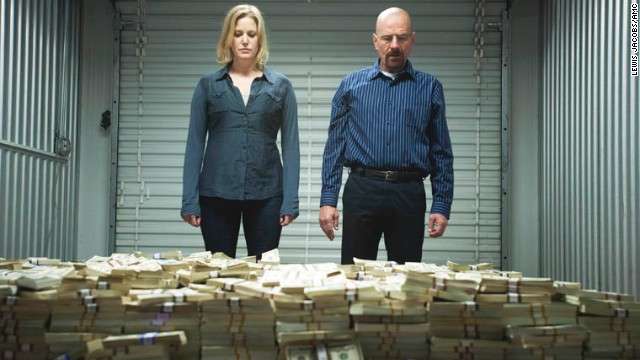 Walt and wife Skyler (Anna Gunn), a reluctant accomplice in his tenuous drug empire, visit a storage unit where she reveals to him a massive stack of unlaundered cash. "I want my life back," she pleads. "How big does this pile have to be?"