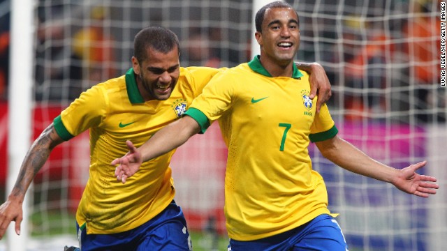 Brazil's most recent match, the last before the Confederations Cup starts, ended in a comfortable 3-0 defeat of France. A penalty from Lucas Moura, right, completed the scoring.